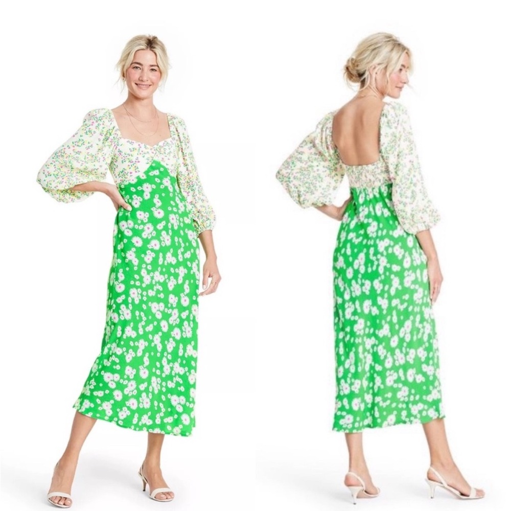 Floral Green Midi Dress with Puff Sleeves